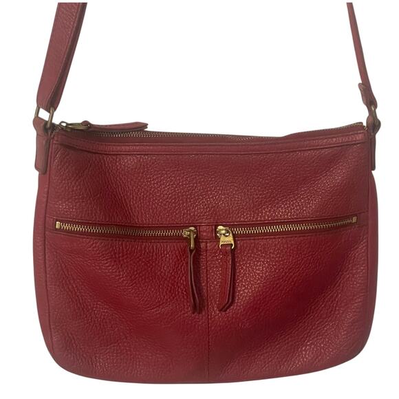 Fossil Erin Crossbody Bag Womens Red Pebbled Leather Top Zip Handbag Purse - Picture 2 of 12